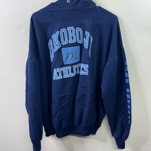Jerzees Navy Blue Okoboji Athletics Hoodie with Light Blue Printing